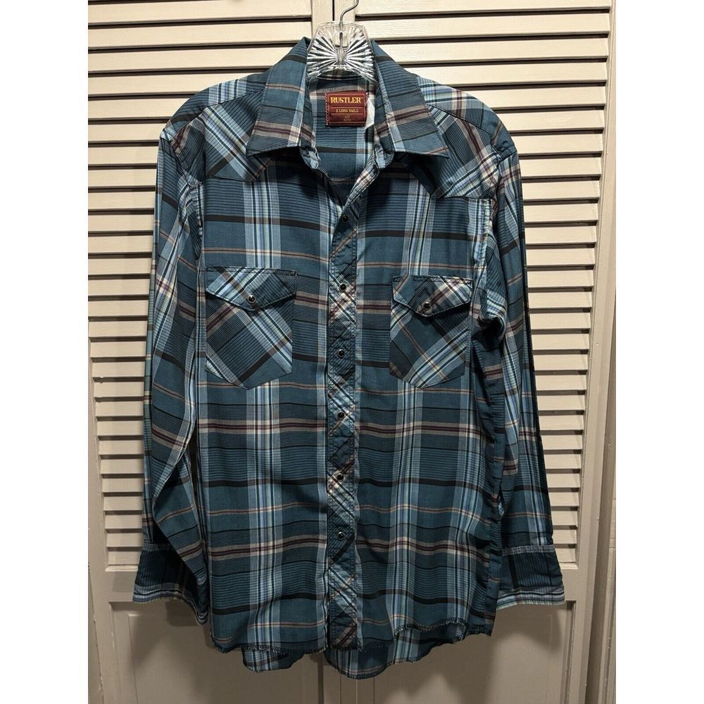 Rustler Teal/White Plaid‎ Long Sleeve Pearl Snap Shirt Size 15 1/2"-32/33 Pocket